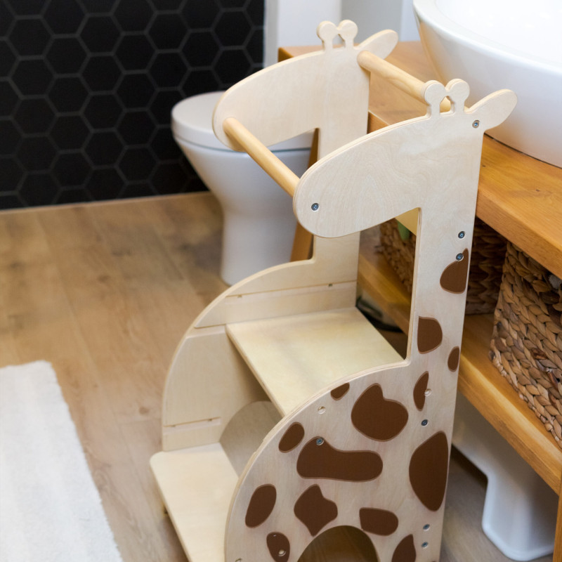 Torre Montessori regolabile con splendida decorazione a giraffa e gradino regolabile in altezza