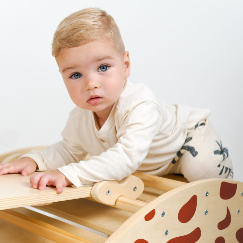 Combinazione di triangolo di Pikler, altalena montessori e rampa bifacciale. Set da arrampicata montessori elegante con motivo di giraffa.