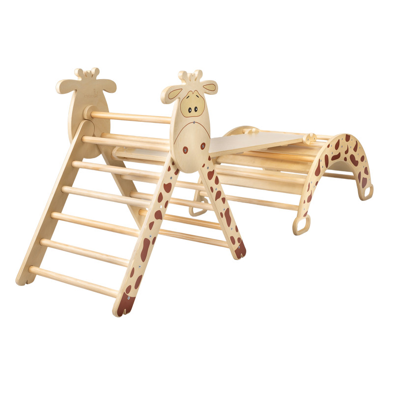 Combinazione di triangolo di Pikler, altalena montessori e rampa bifacciale. Set da arrampicata montessori elegante con motivo di giraffa.