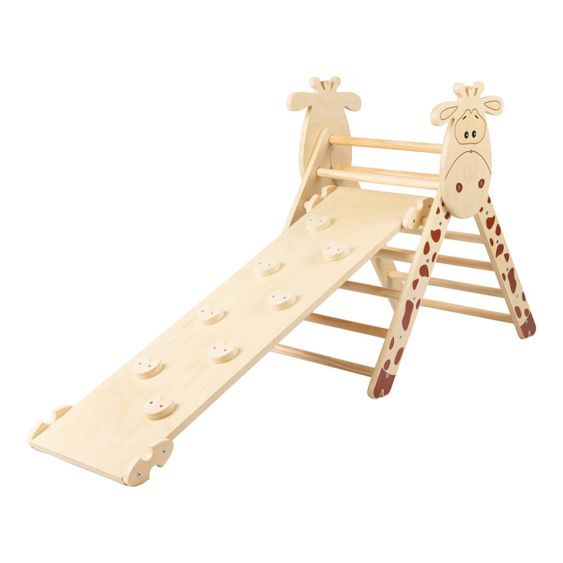 Combinazione di triangolo di Pikler, altalena montessori e rampa bifacciale. Set da arrampicata montessori elegante con motivo di giraffa.