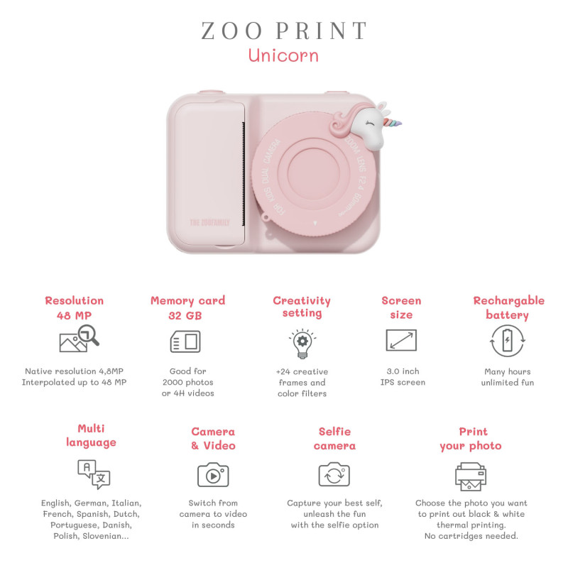 La fotocamera digitale per bambini The Zoofamily Print – Unicorno La fotocamera digitale per bambini The Zoofamily Print – Unicorno