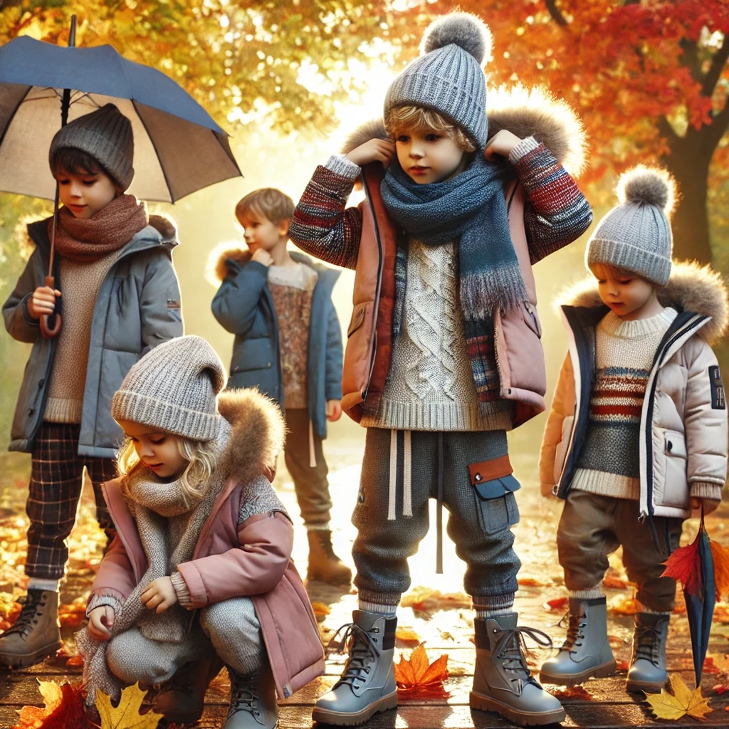 bambini nel bosco in abbigliamento autunnale