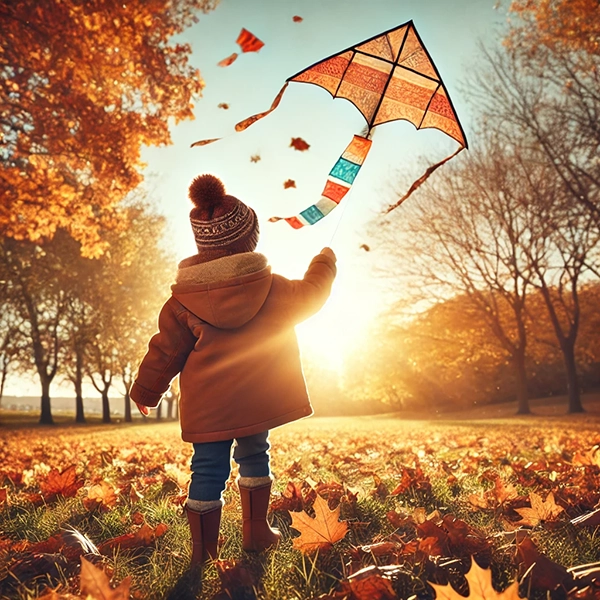 bambino in abbigliamento autunnale che fa volare un aquilone
