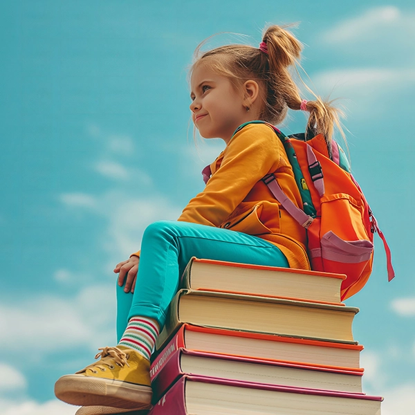 ragazza seduta all'aperto su dei libri