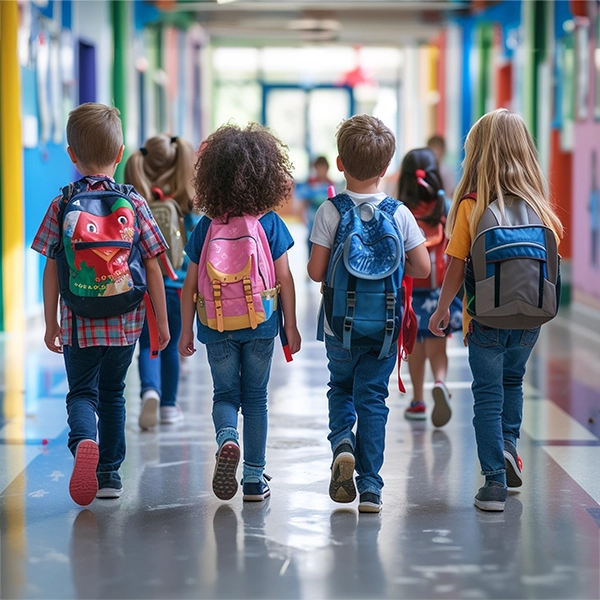 i bambini camminano nel corridoio della scuola