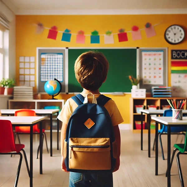 bambino con lo zaino guarda la sua classe