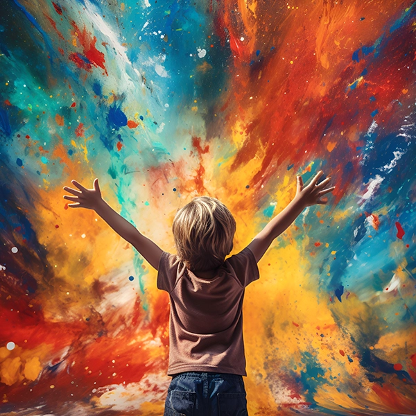 ragazzo davanti a una tela da pittura