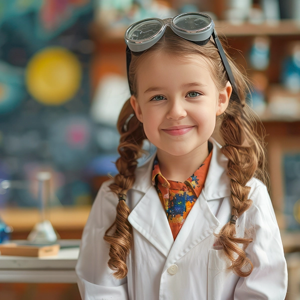 ragazza con camice da laboratorio e occhiali scientifici